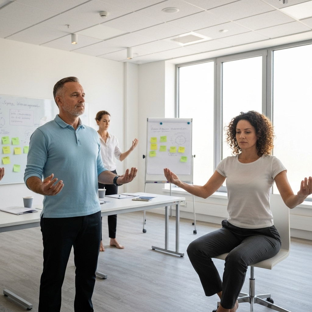 Participants dans un atelier de gestion du stress apprenant des techniques de confiance